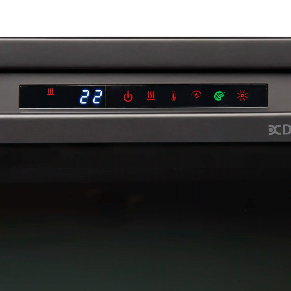 Firebox control panel with blue temperature display and red indicator icons