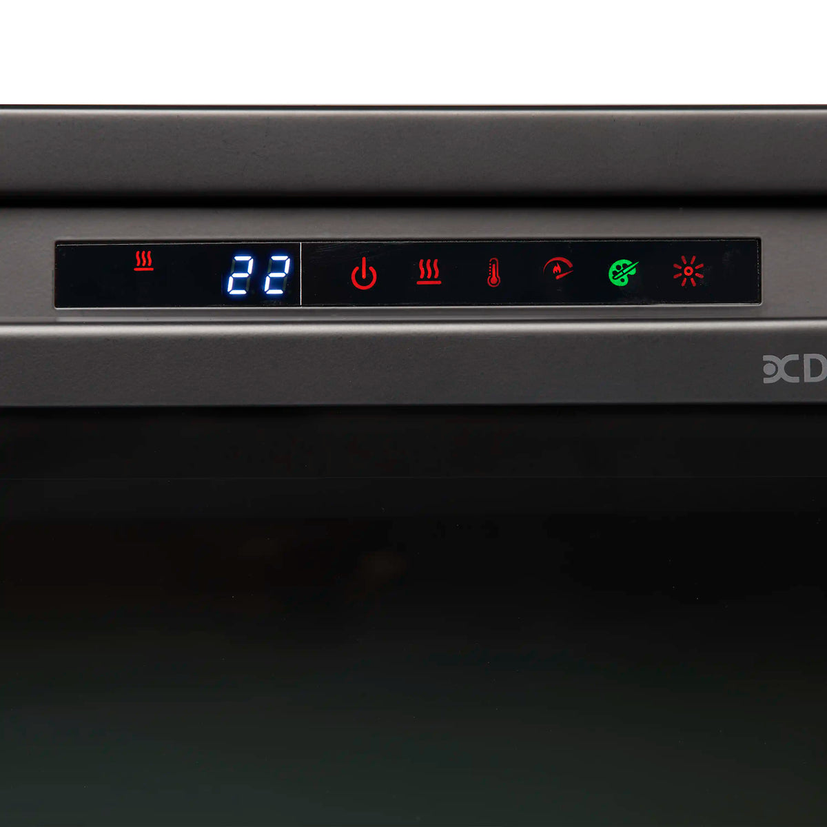 Electric firebox control panel showing temperature 28 and mode icons