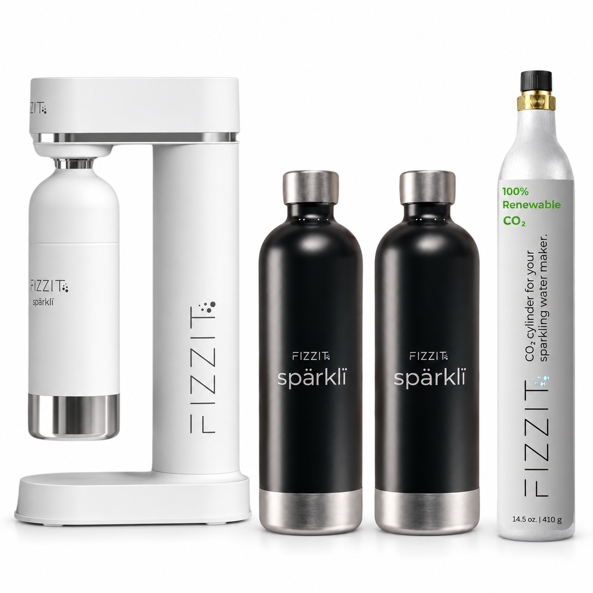 Fizzit Spärklï Sparkling Water Maker in White with 3 Stainless Steel Bottles and 60L CO2 Cylinder (FI-W-2SSB-1C)