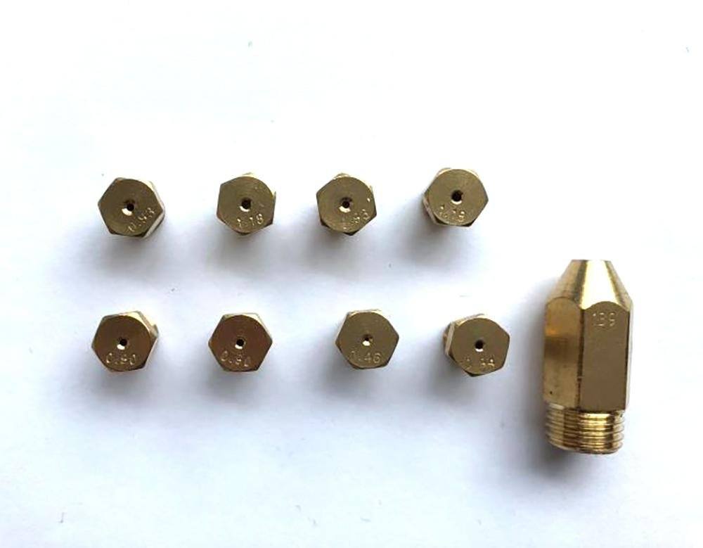 Brass gas burner nozzles with hex heads and threaded outlet