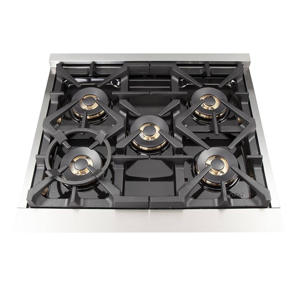 Stainless steel dual fuel range cooktop with five gas burners and grates
