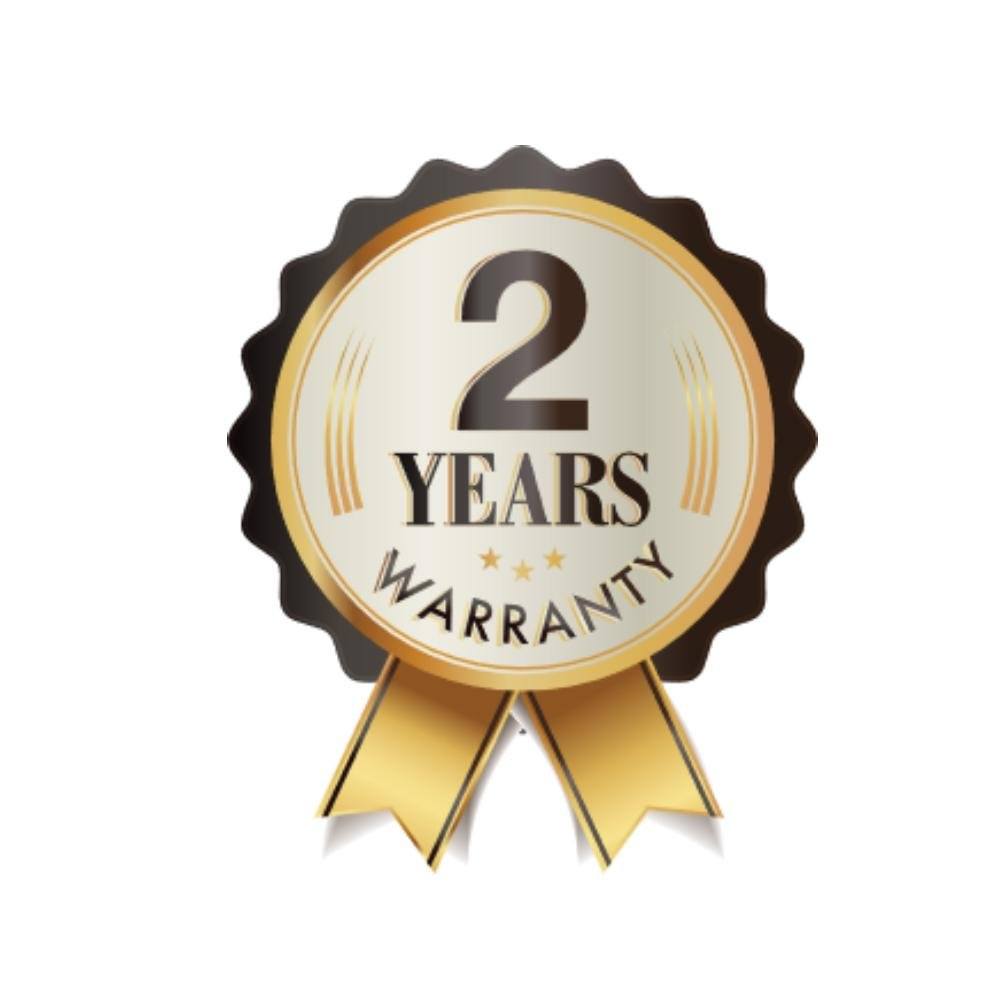 Gold 2 Years Warranty badge rosette with ribbon tails