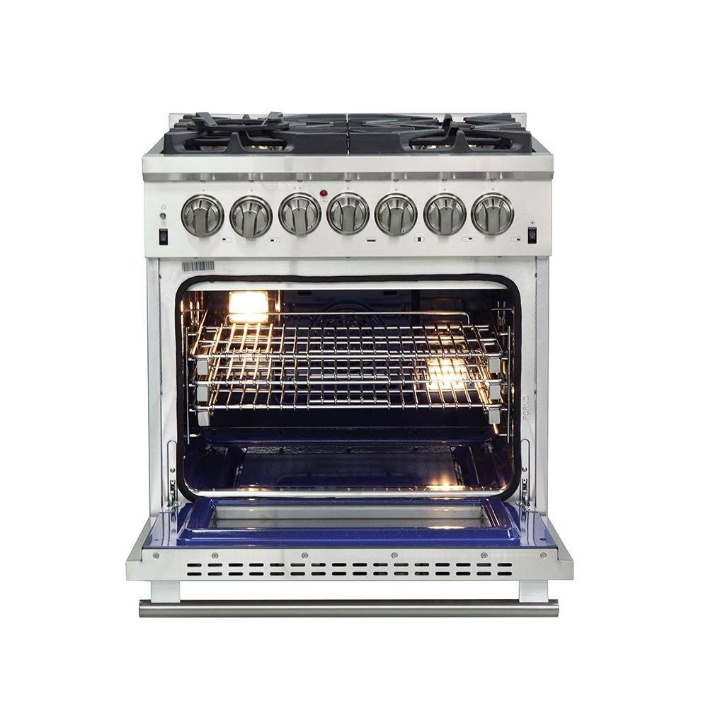 Dual fuel range oven door open with interior light glowing