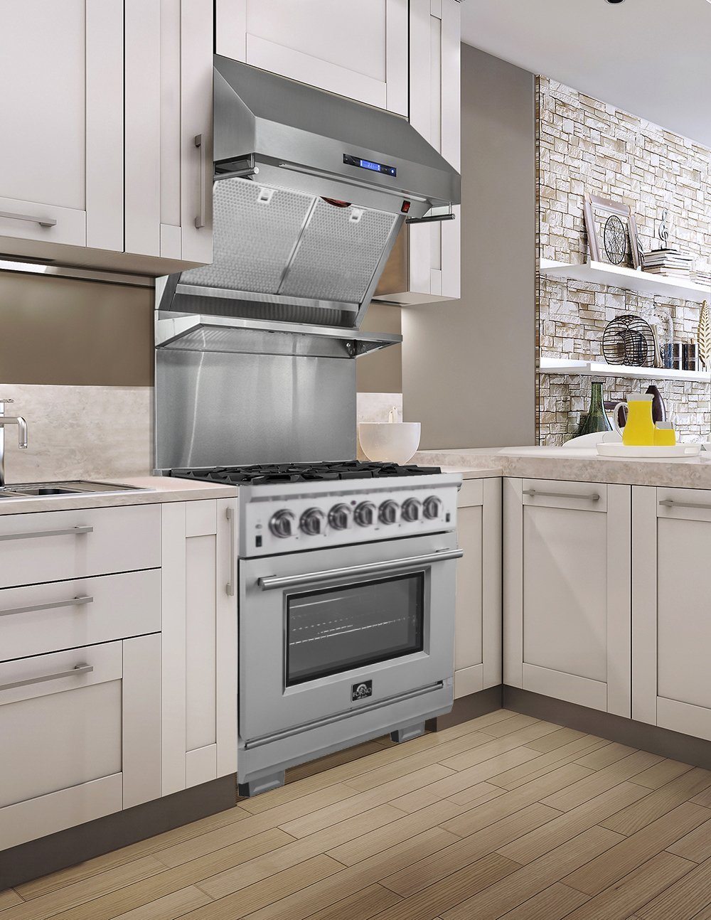 Stainless steel dual fuel range installed in a kitchen with gas cooktop and oven