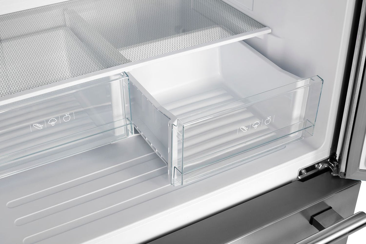 Refrigerator interior with glass rack and wire storage basket on door side.