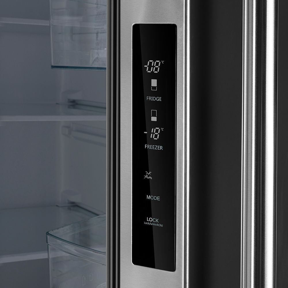 Stainless steel refrigerator control panel with digital temperature display and buttons