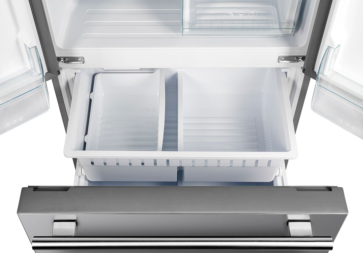 Refrigerator freezer with top storage tray and two pull-out sections.