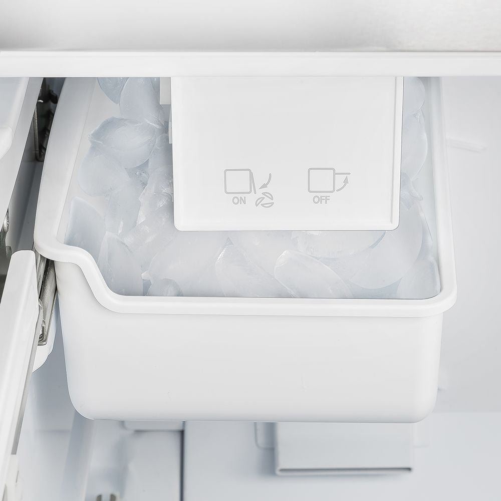 Refrigerator ice storage bin with ON/OFF icons visible in freezer compartment.