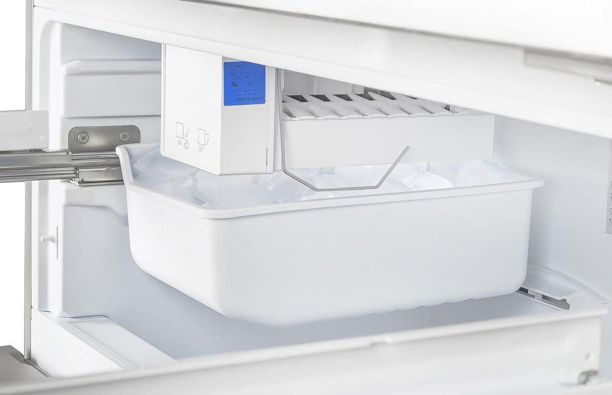 Refrigerator crisper drawer open with cover and pull-out bin.