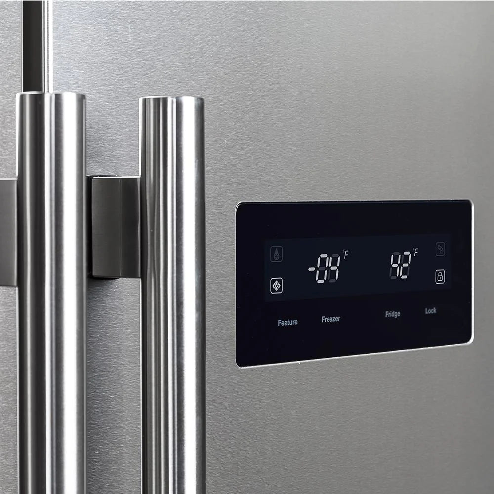 Refrigerator control panel with digital temperature display and feature buttons.