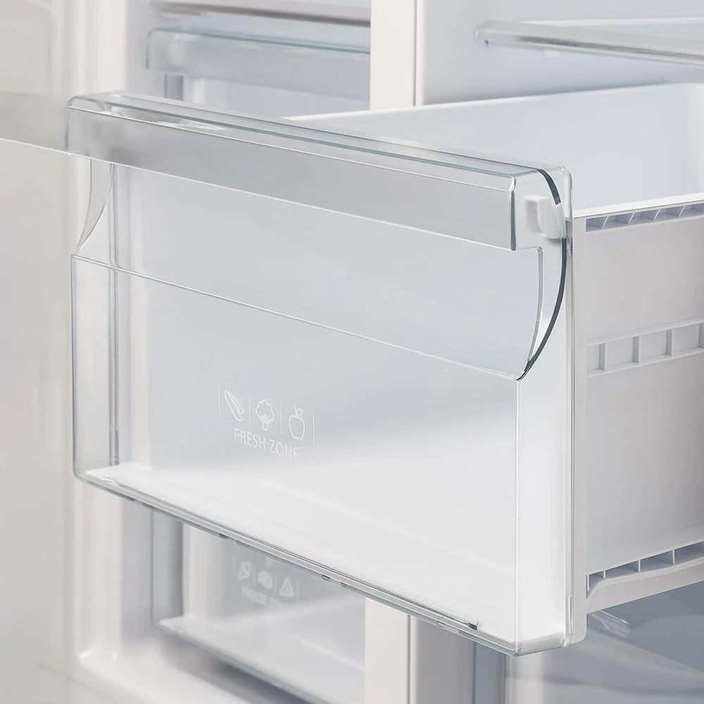 Refrigerator door bin with clear shelf and front flap, shown close-up.