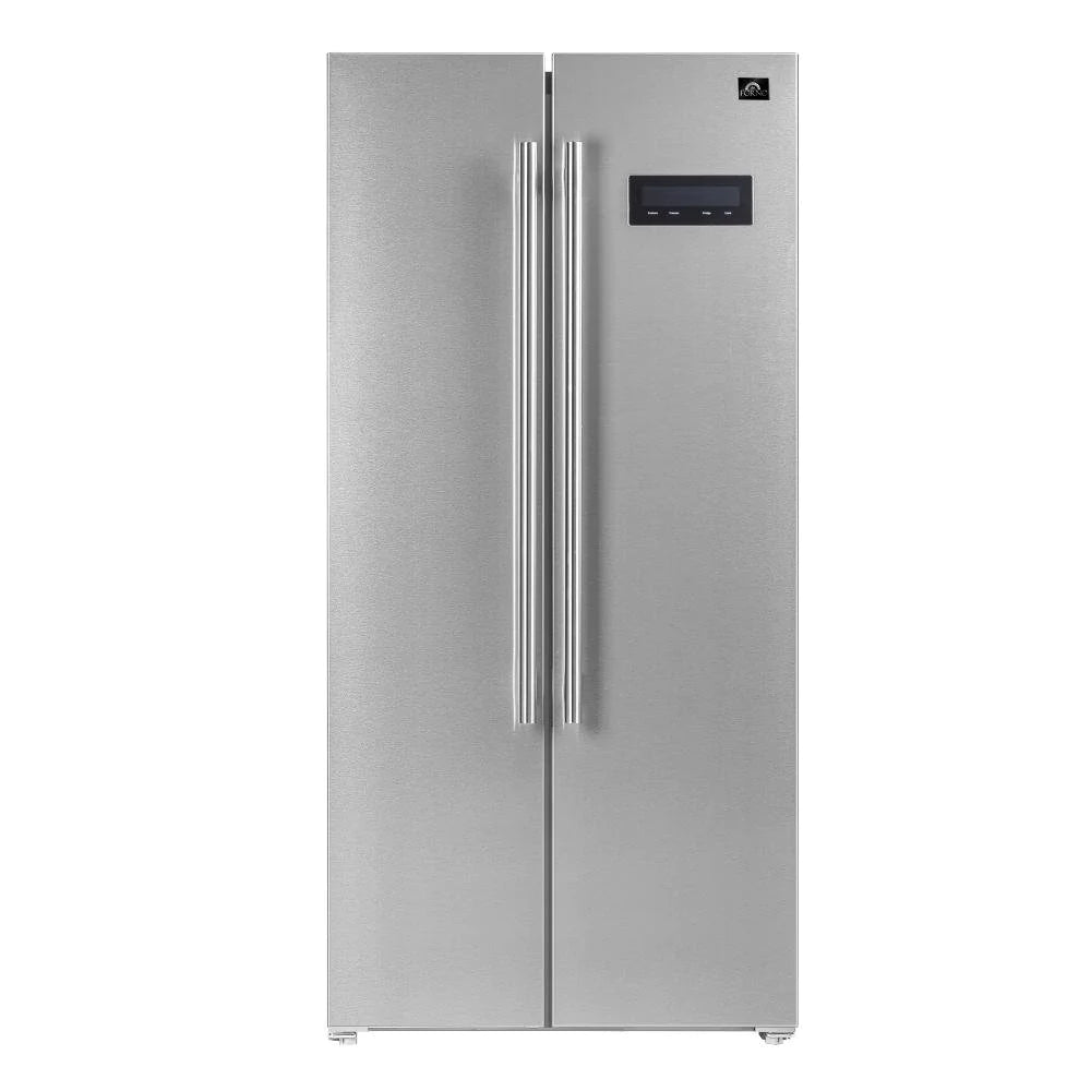 Stainless steel built-in refrigerator with double doors and control panel on right.