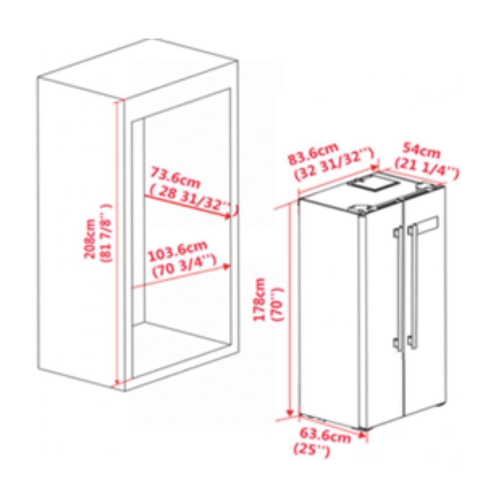Kitchen appliance package dimensions diagram for refrigerator and gas range