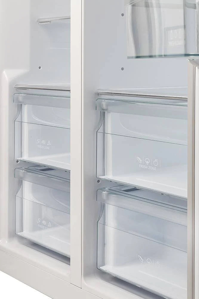 Refrigerator interior with open doors, clear shelves, and multiple storage drawers.