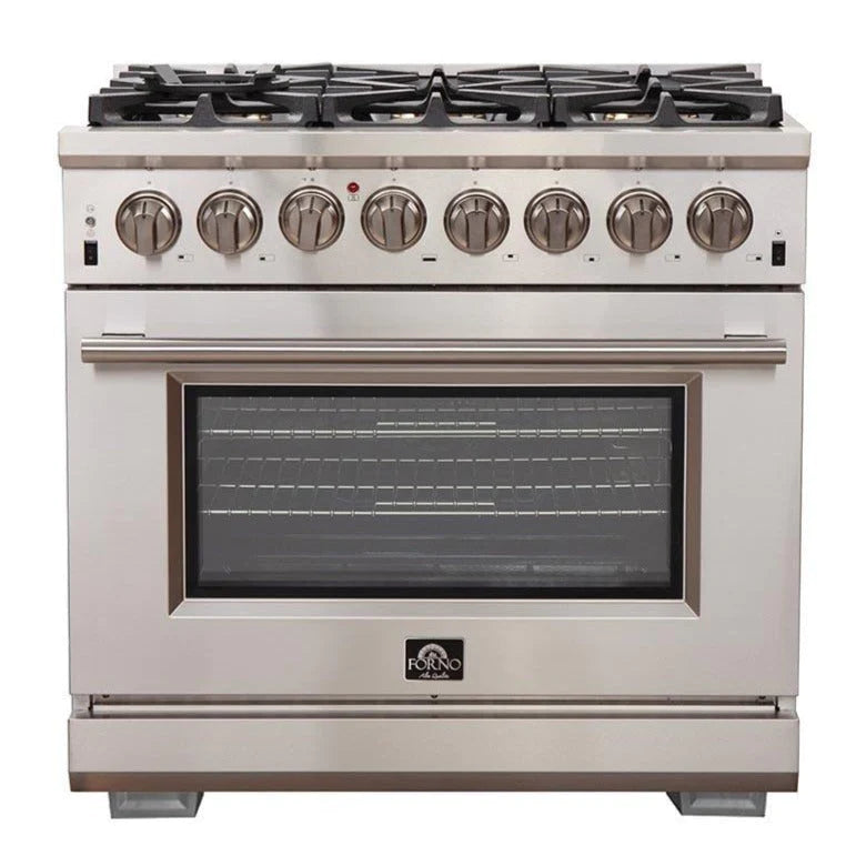 Stainless steel gas range with multiple burner knobs and oven window
