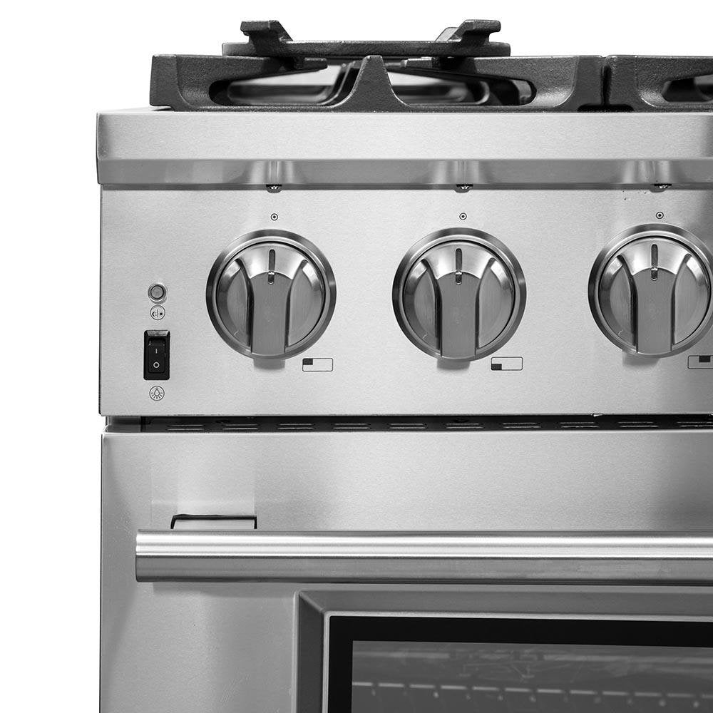 Dual-fuel range control panel with 3 front knobs and upper oven door