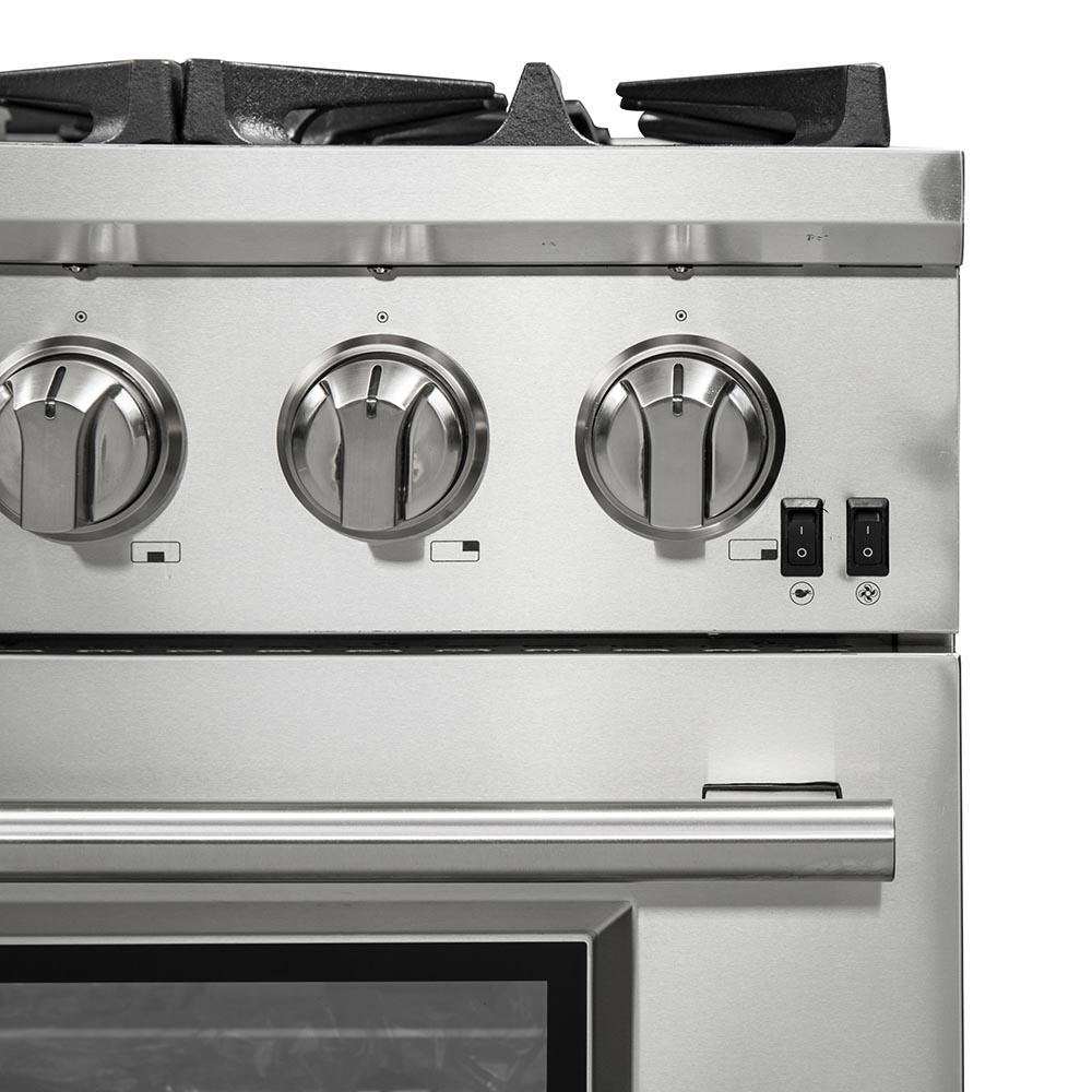 Stainless steel gas range front with three burner knobs and control buttons below the cooktop