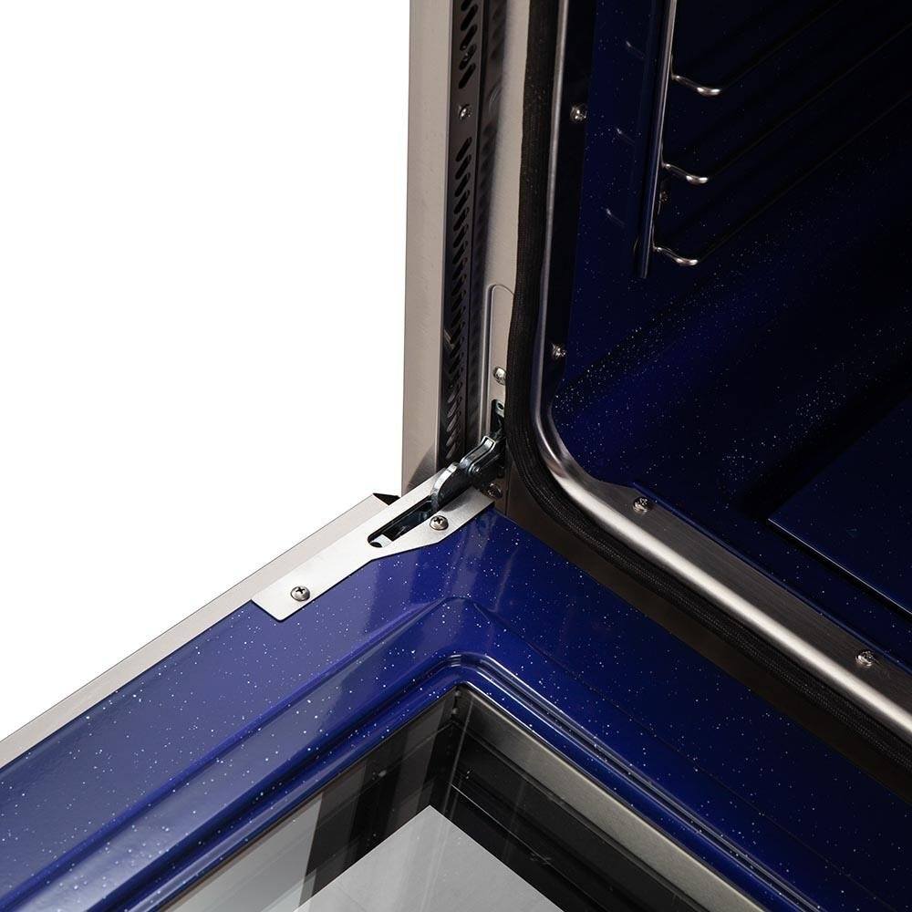 Gas oven door opening with blue interior enamel and black door seal edge