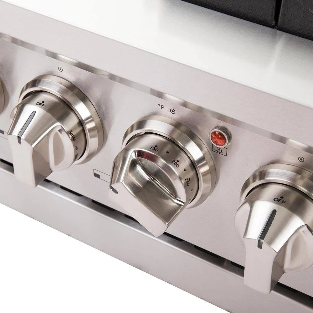 Stainless gas range control panel with four temperature and OFF indicator knobs