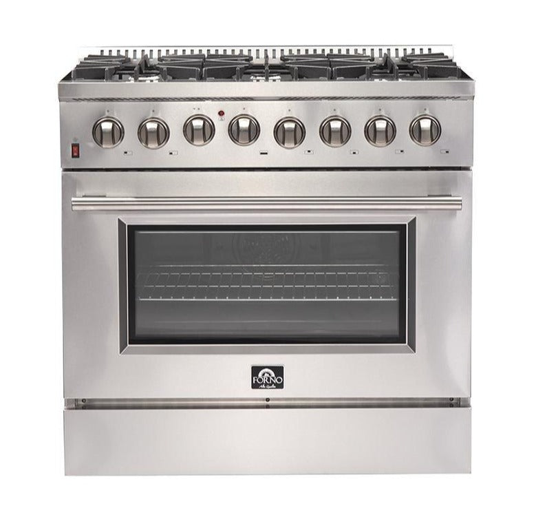 Stainless steel 36-inch dual fuel range with control knobs and glass oven door