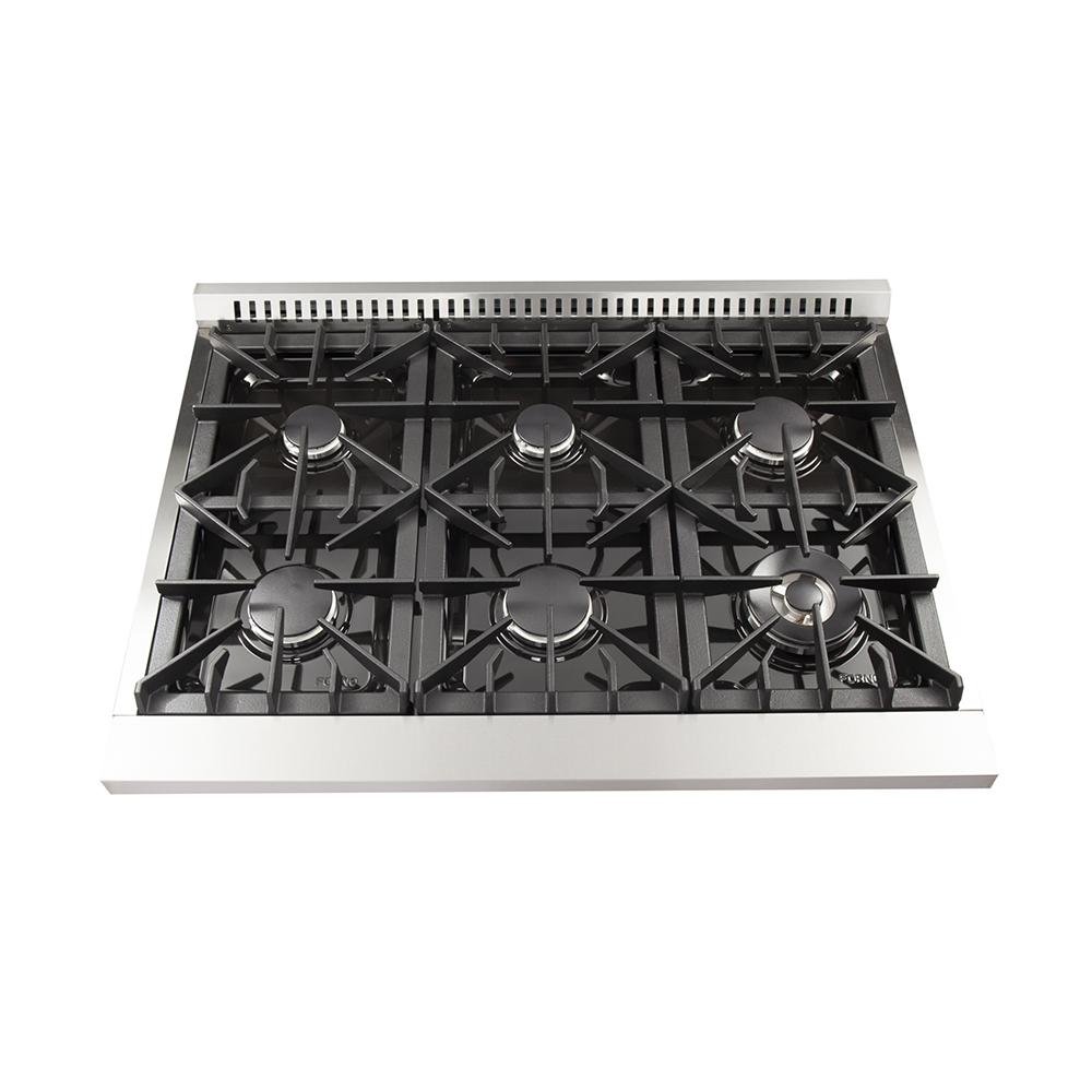 Stainless steel dual fuel range cooktop with black grates and burner caps