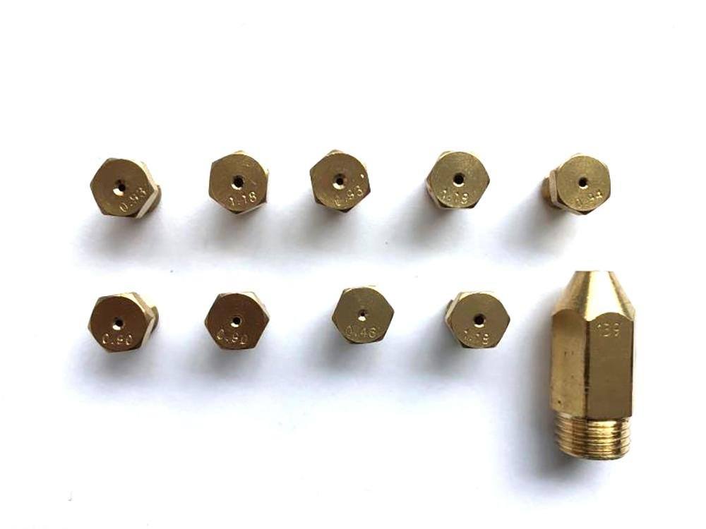 Brass gas burner nozzles and one threaded gas nozzle fitting