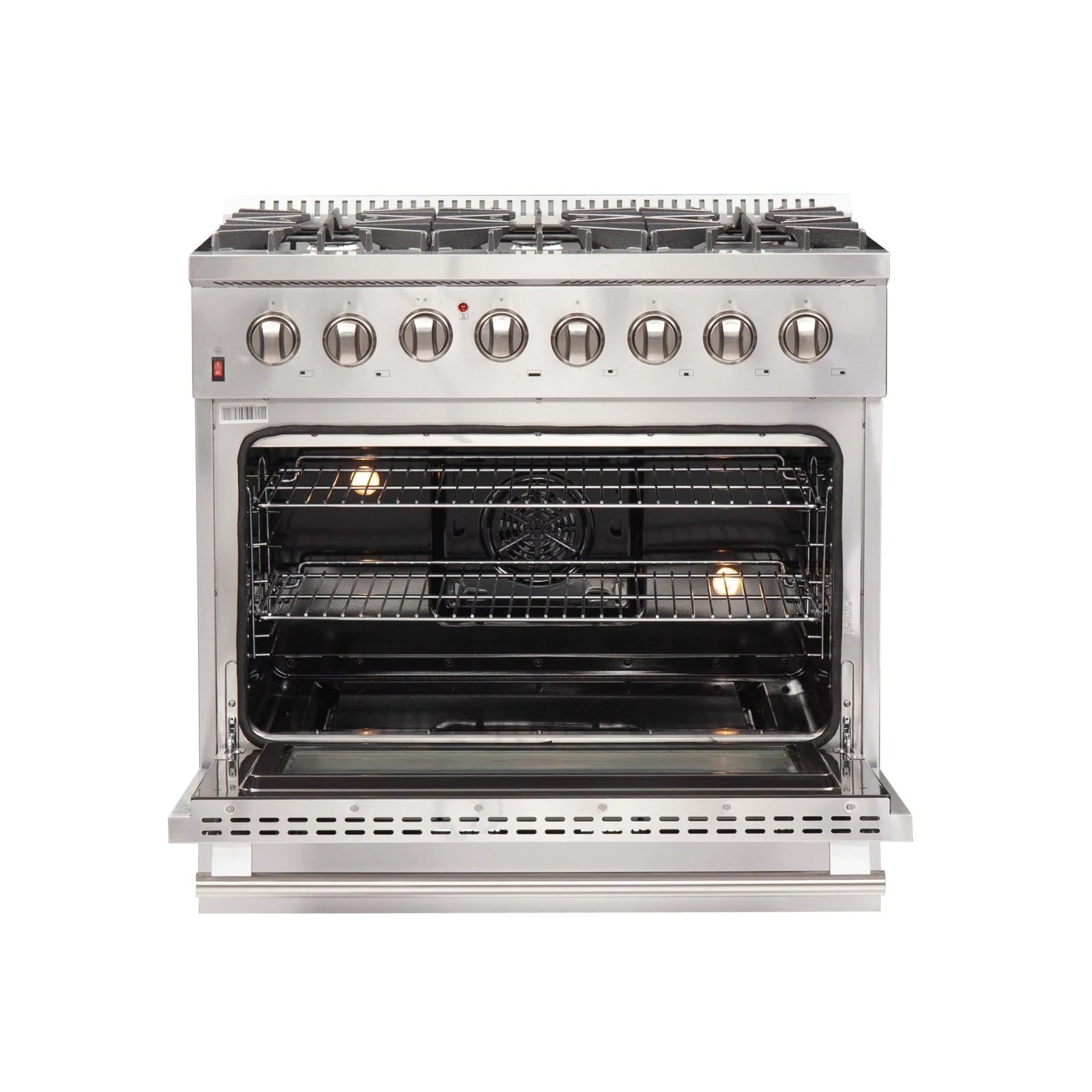 Stainless dual fuel range with open oven door, front control knobs, and cooktop burners