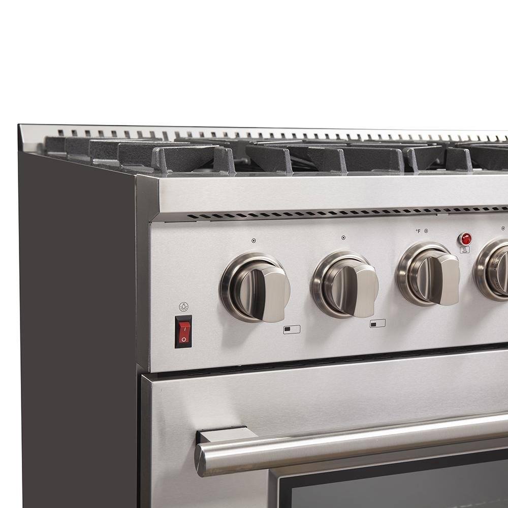 Stainless steel dual fuel range control panel with four round knobs