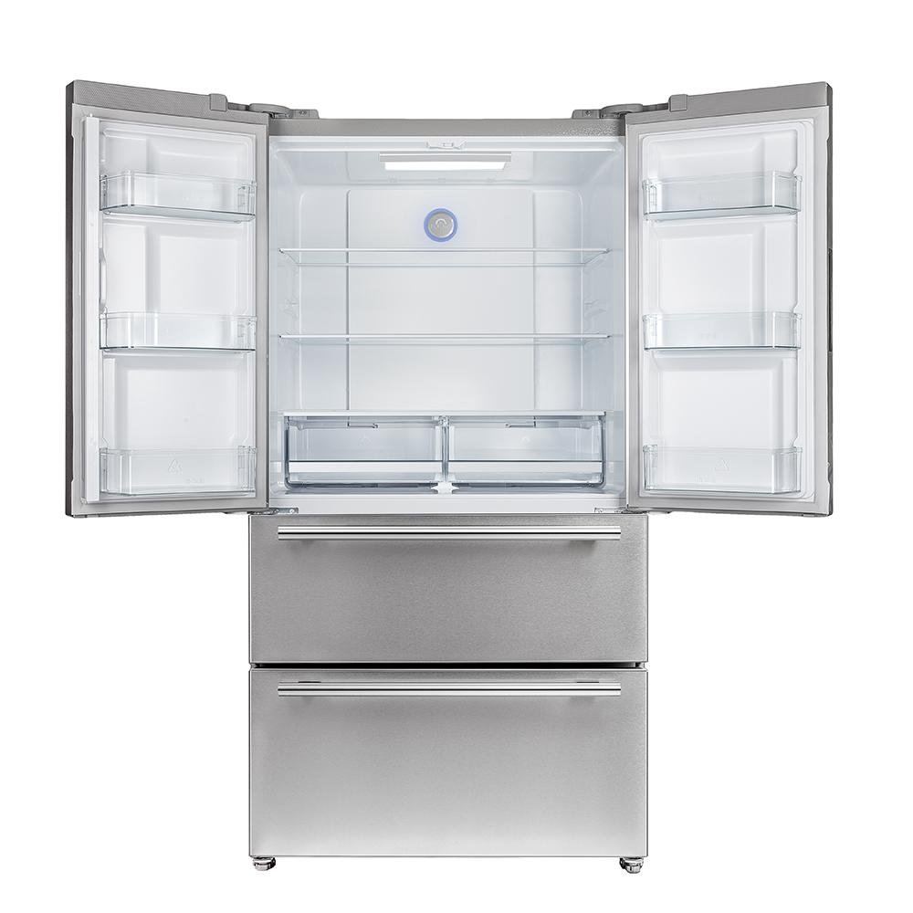 Stainless steel refrigerator with both doors open, front view