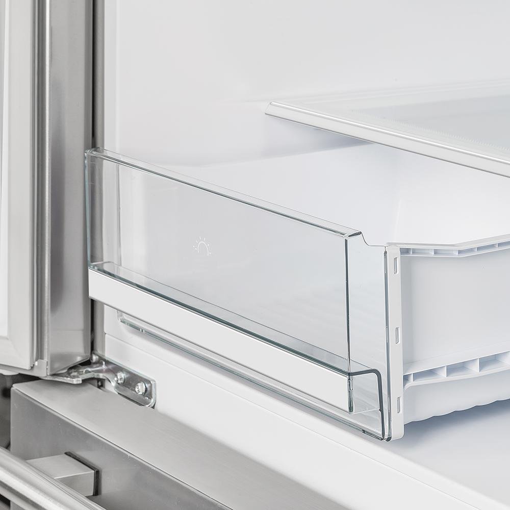 Refrigerator door shelf with clear glass panel and metal supports