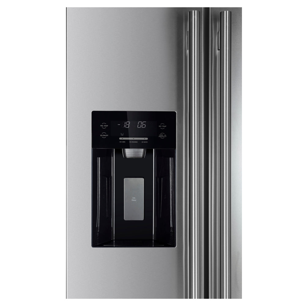 Refrigerator dispenser area with digital control panel on stainless side-by-side door.