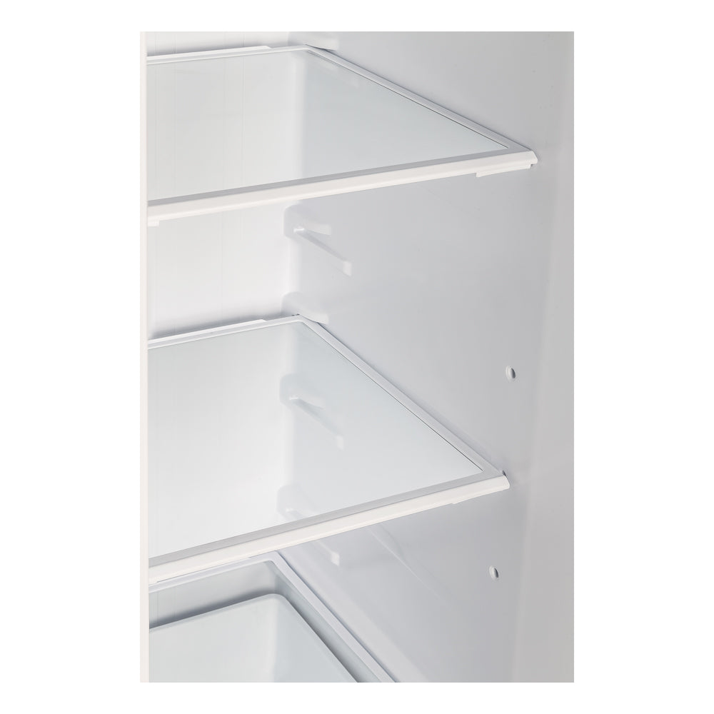Refrigerator interior with white shelves and door liner panels