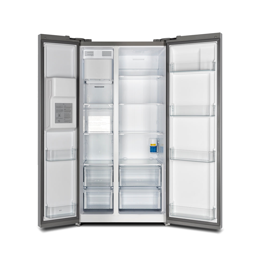 Open French-door refrigerator interior with shelves, drawers, and central control area