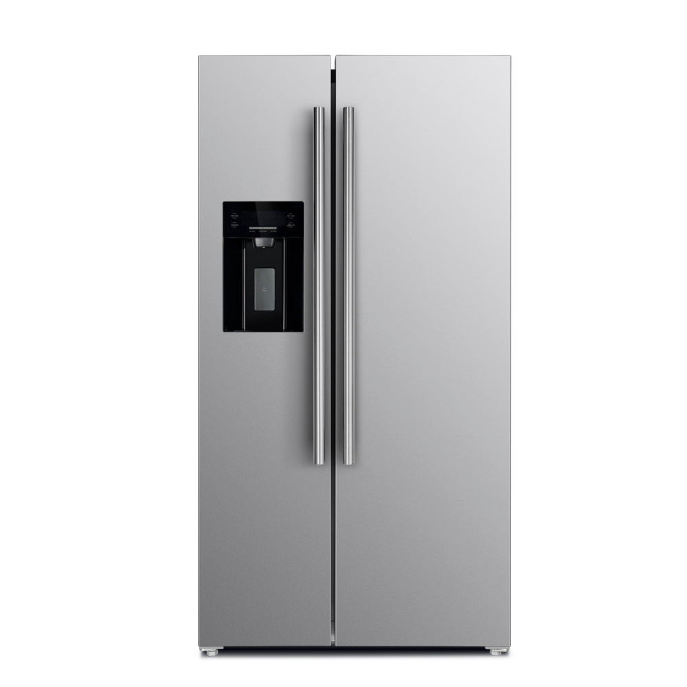 Stainless steel French-door refrigerator with built-in water dispenser and twin vertical handles