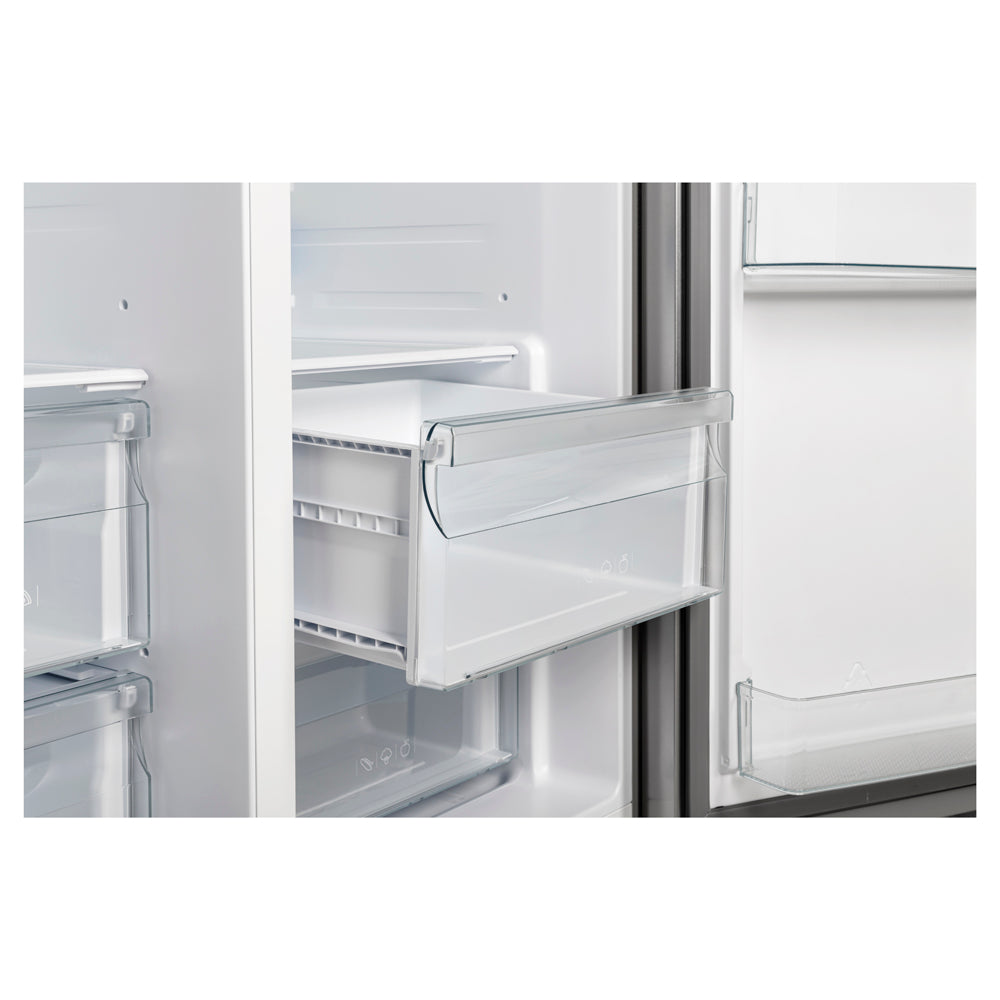 Refrigerator door shelves with clear bins and water dispenser area