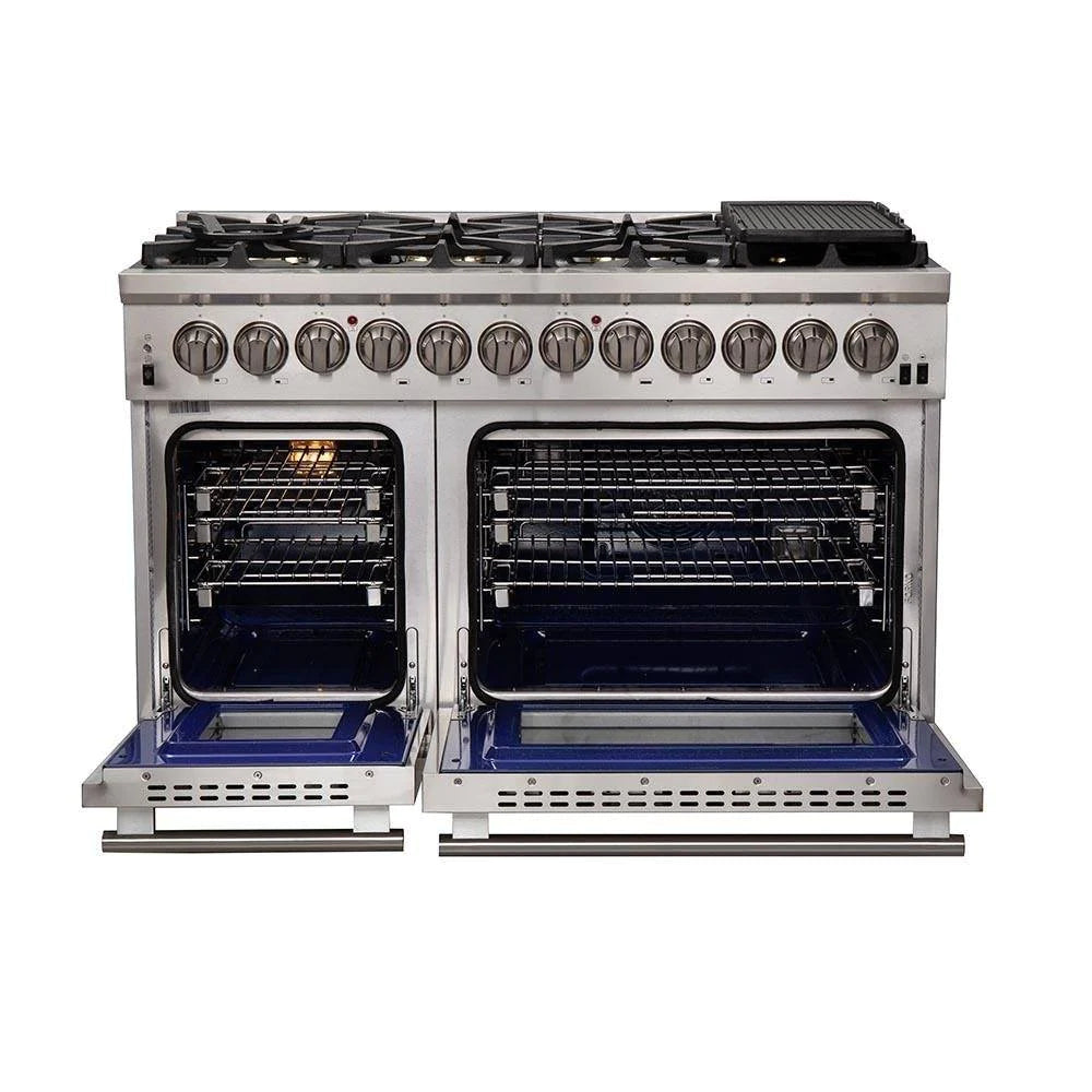 Stainless steel dual-fuel range with open oven doors and dual control areas