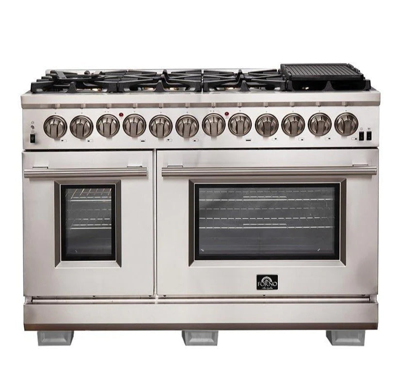 Stainless steel dual fuel range with two oven doors and front control knobs