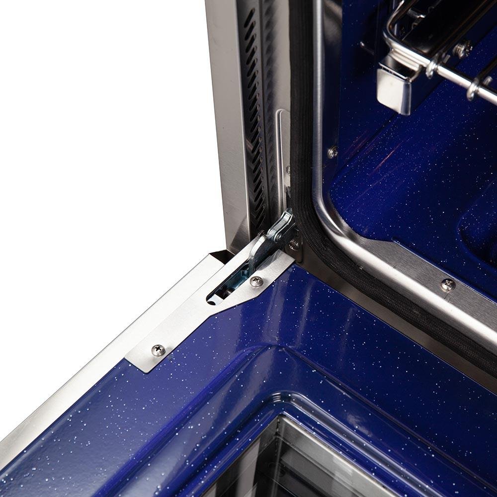 Oven door hinge hardware and mounting bracket near blue interior base