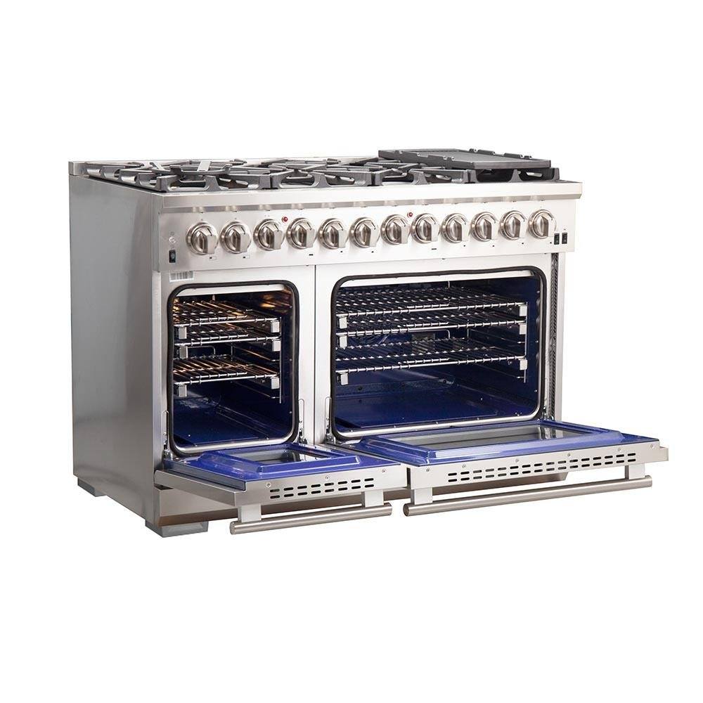 Stainless dual-fuel range with two open ovens and wire racks with dark interior