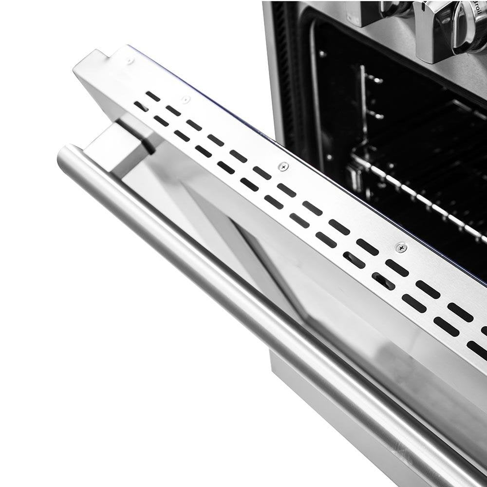 Stainless hood vent panel with perforated slots and brushed metal finish