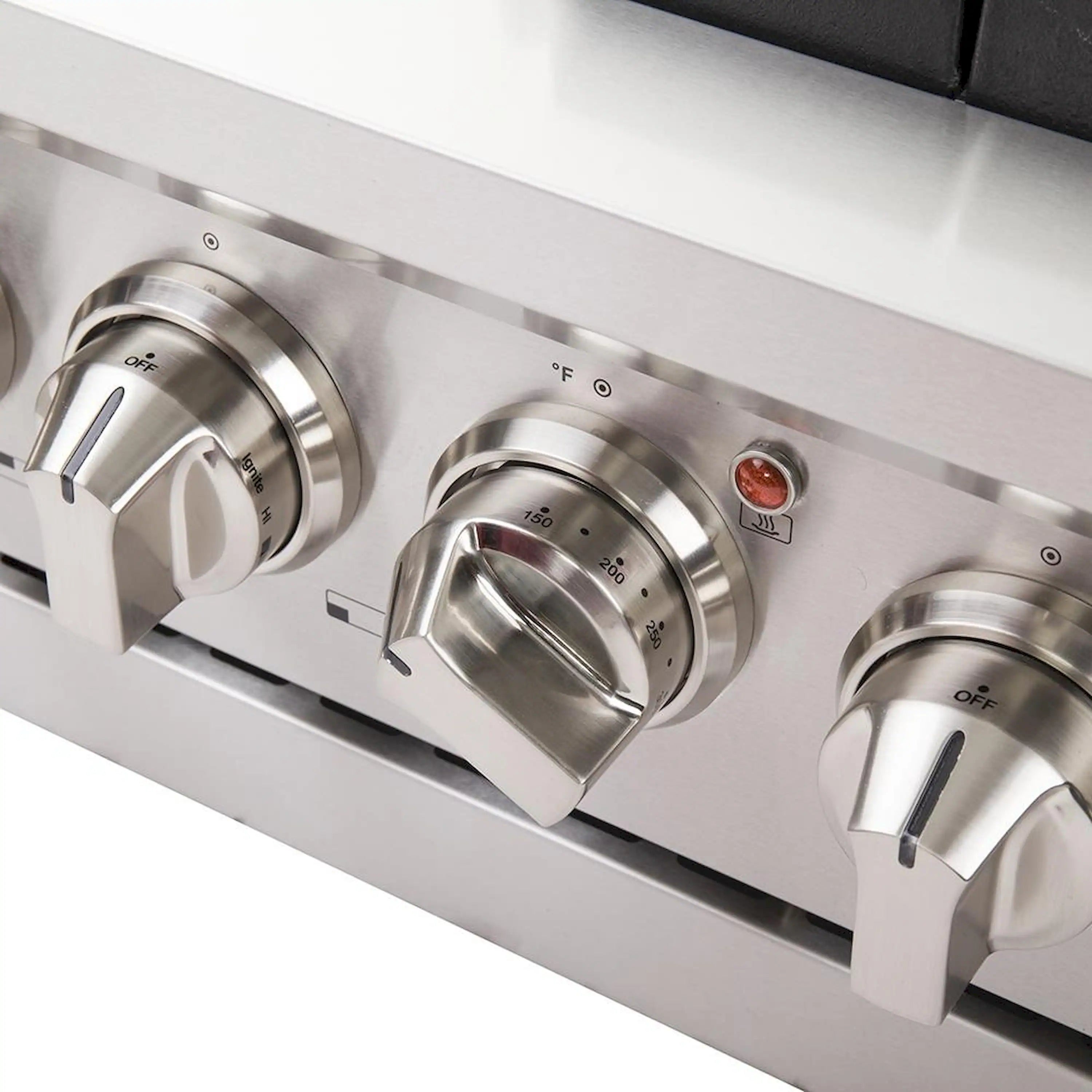 Stainless steel oven and cooktop control knobs with temperature markings