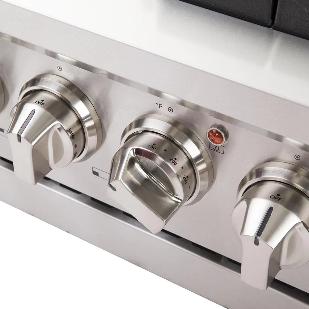 Stainless steel gas range control panel with burner knobs and ignition controls