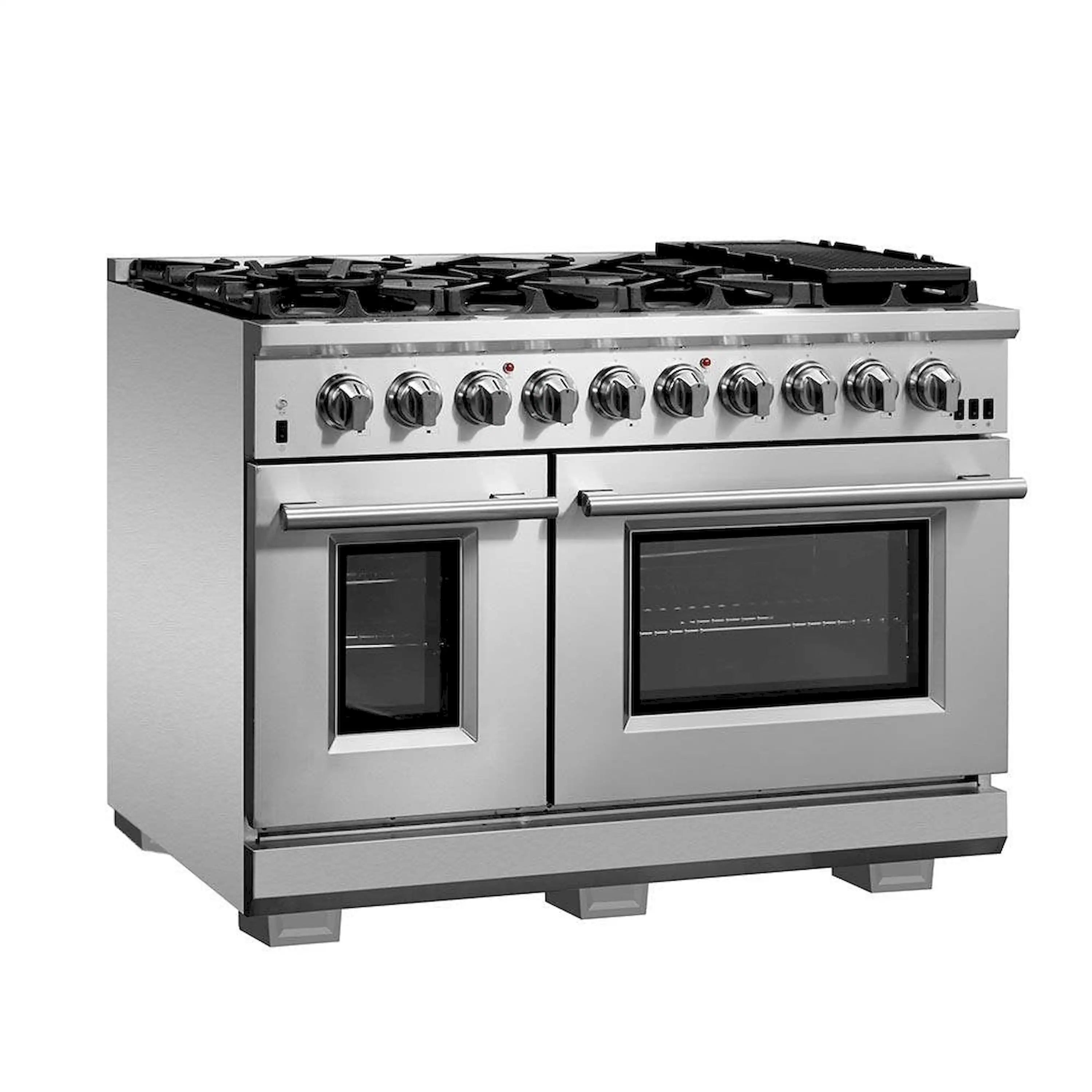 Stainless steel gas range with six-burner cooktop and double oven doors