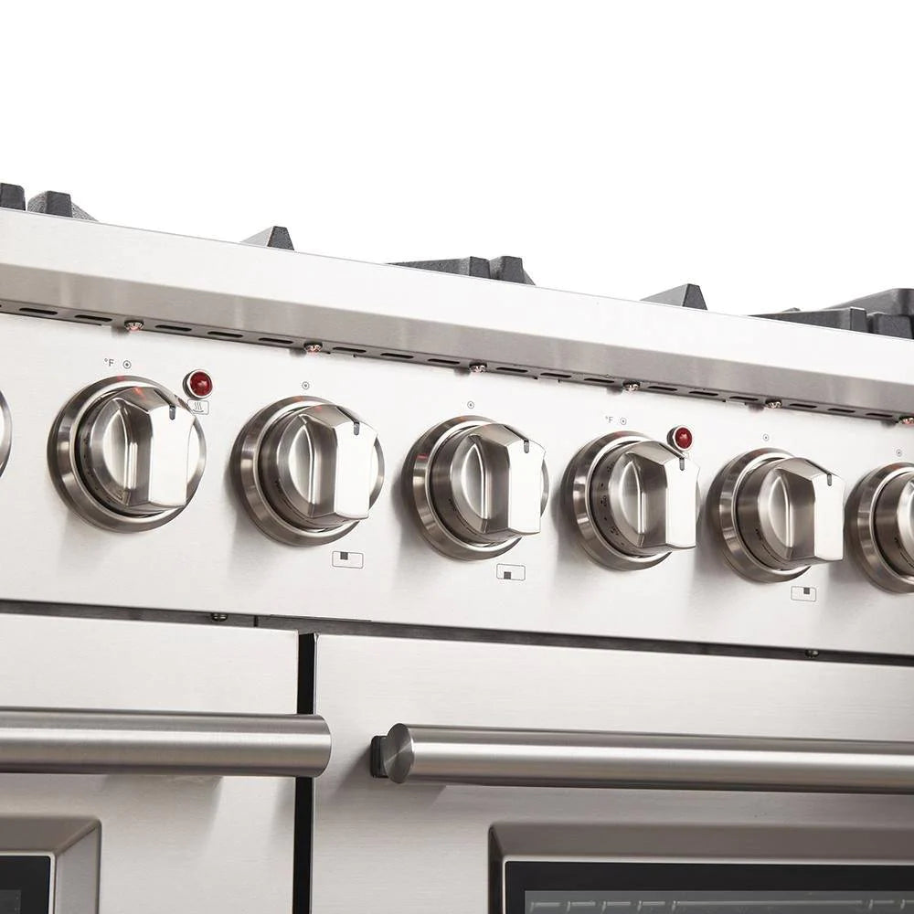 Stainless steel gas range cooktop with five control knobs and burner covers