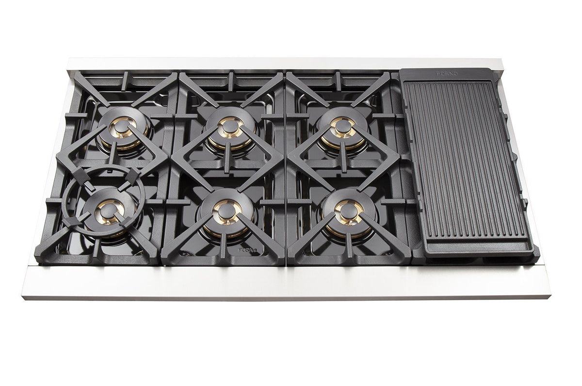 Five-burner gas cooktop with integrated grill griddle on stainless range