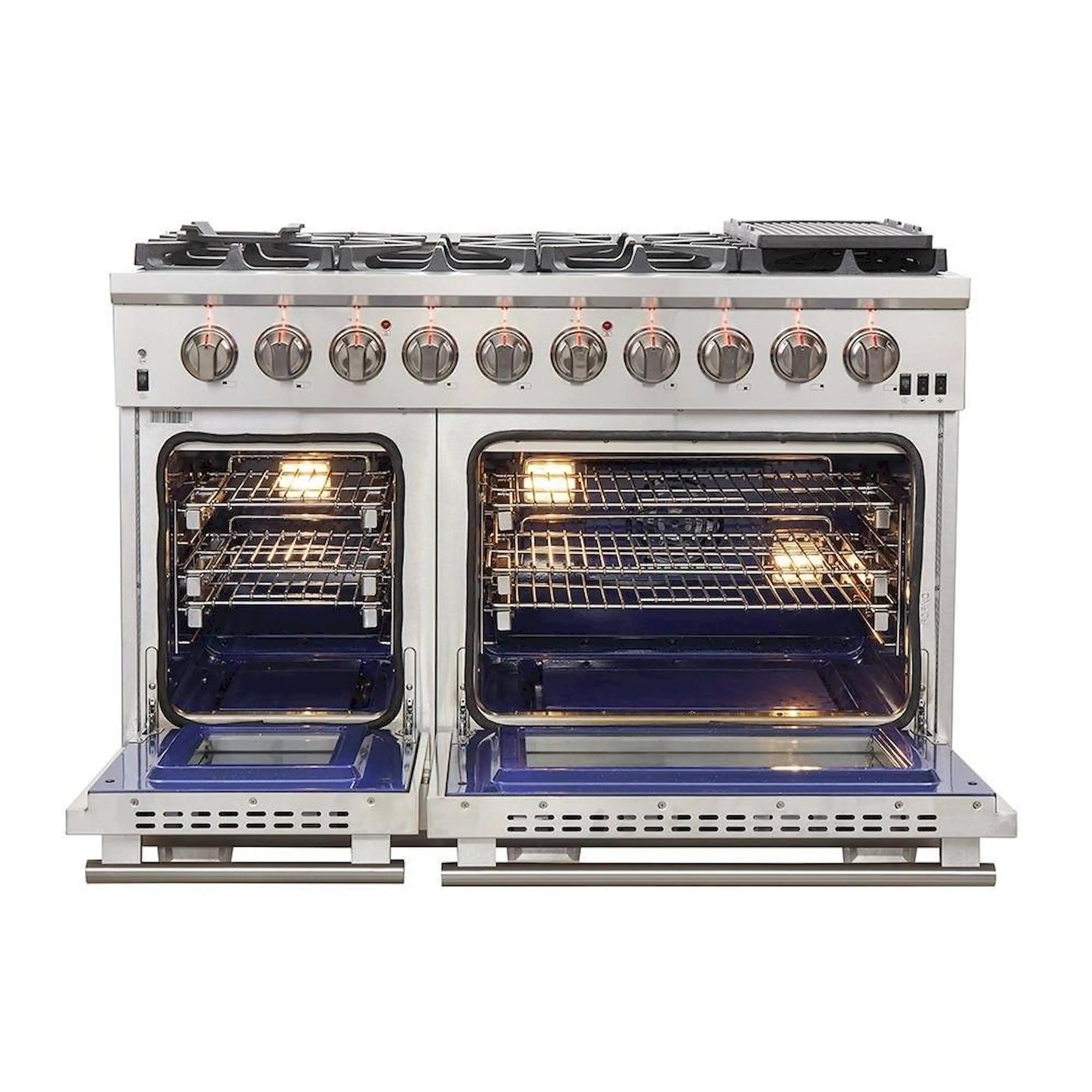 Stainless steel gas range front with two open ovens and burner controls