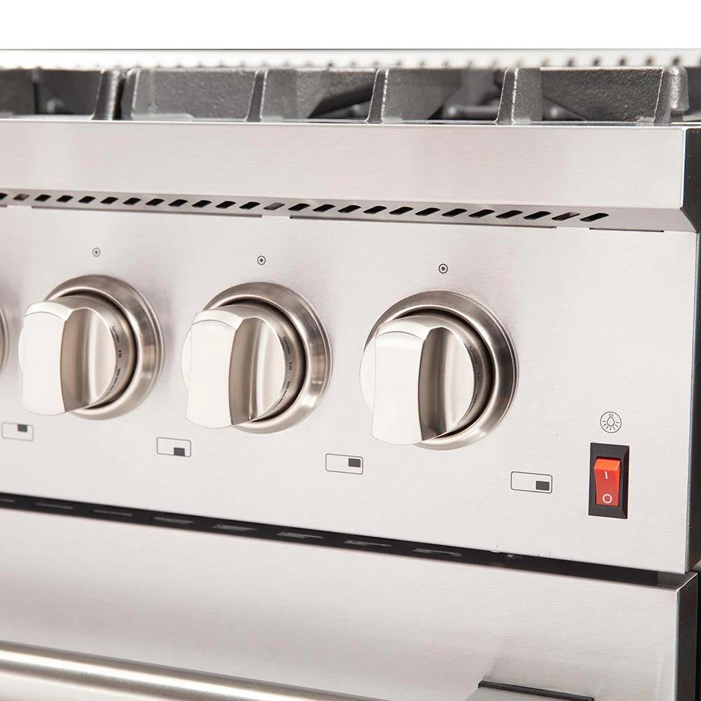 Stainless steel range control panel with round knobs and red power switch