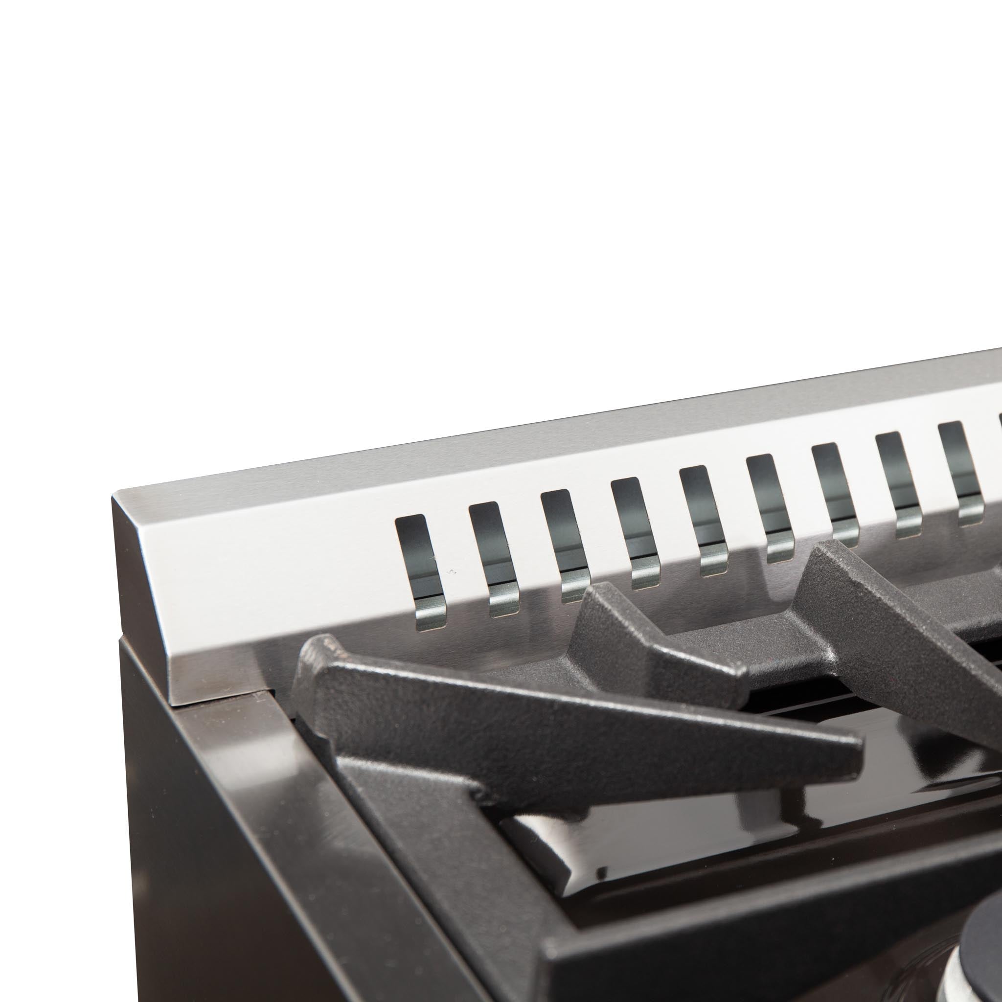 Dual fuel range cast-iron style grate over the stainless cooktop