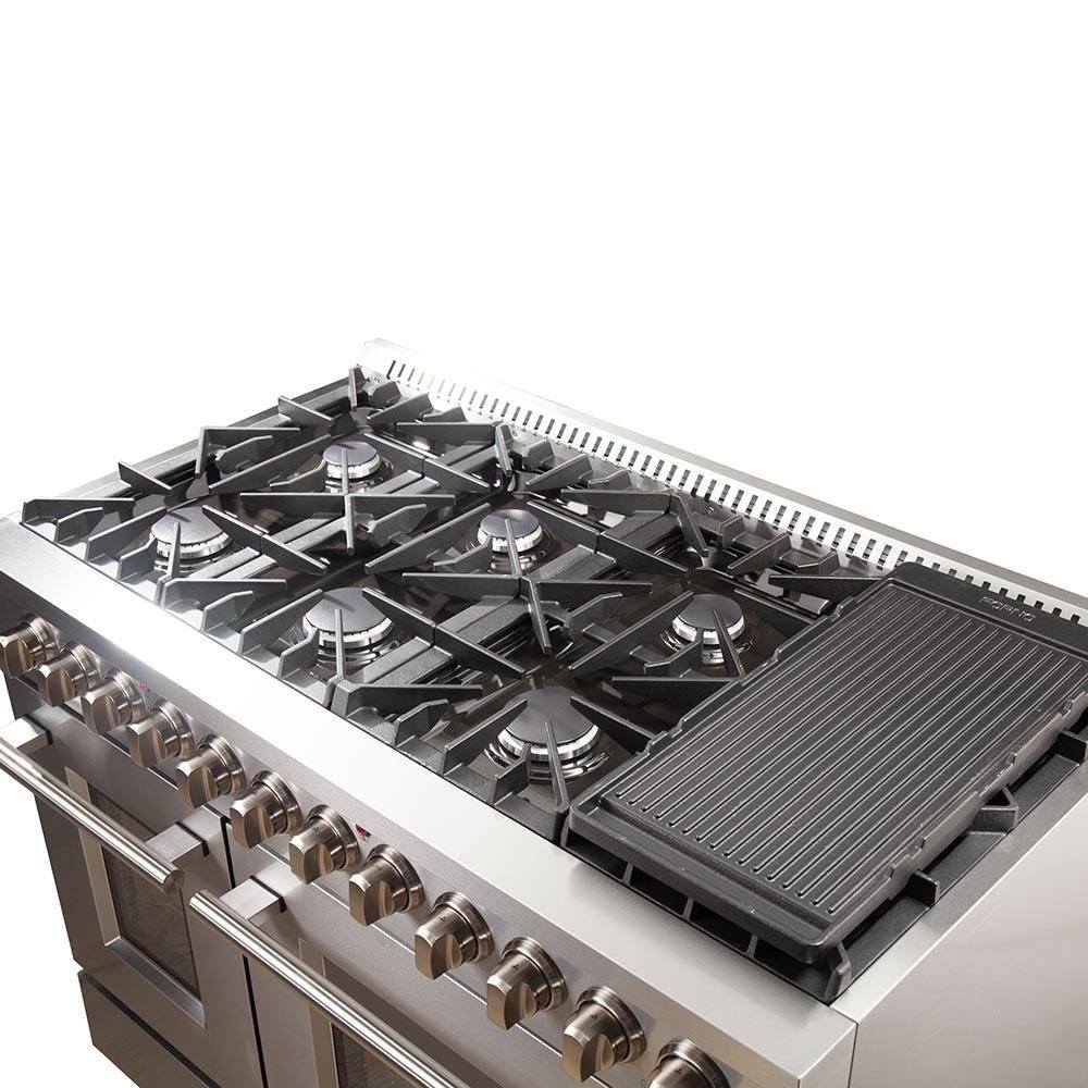 Stainless steel gas cooktop with cast-iron grates and front control knobs