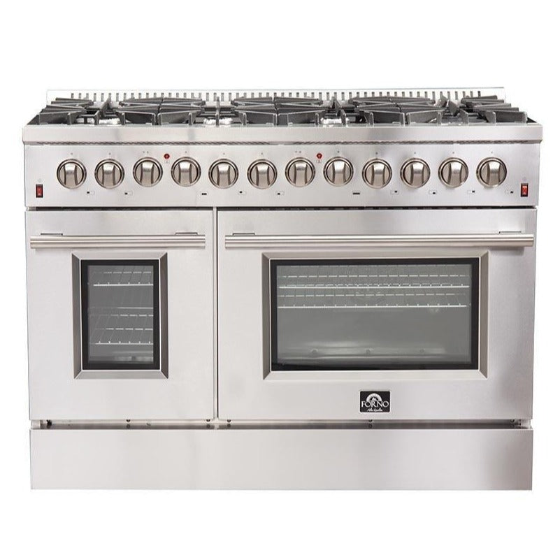 Stainless steel dual-fuel range with burner grates and two oven windows